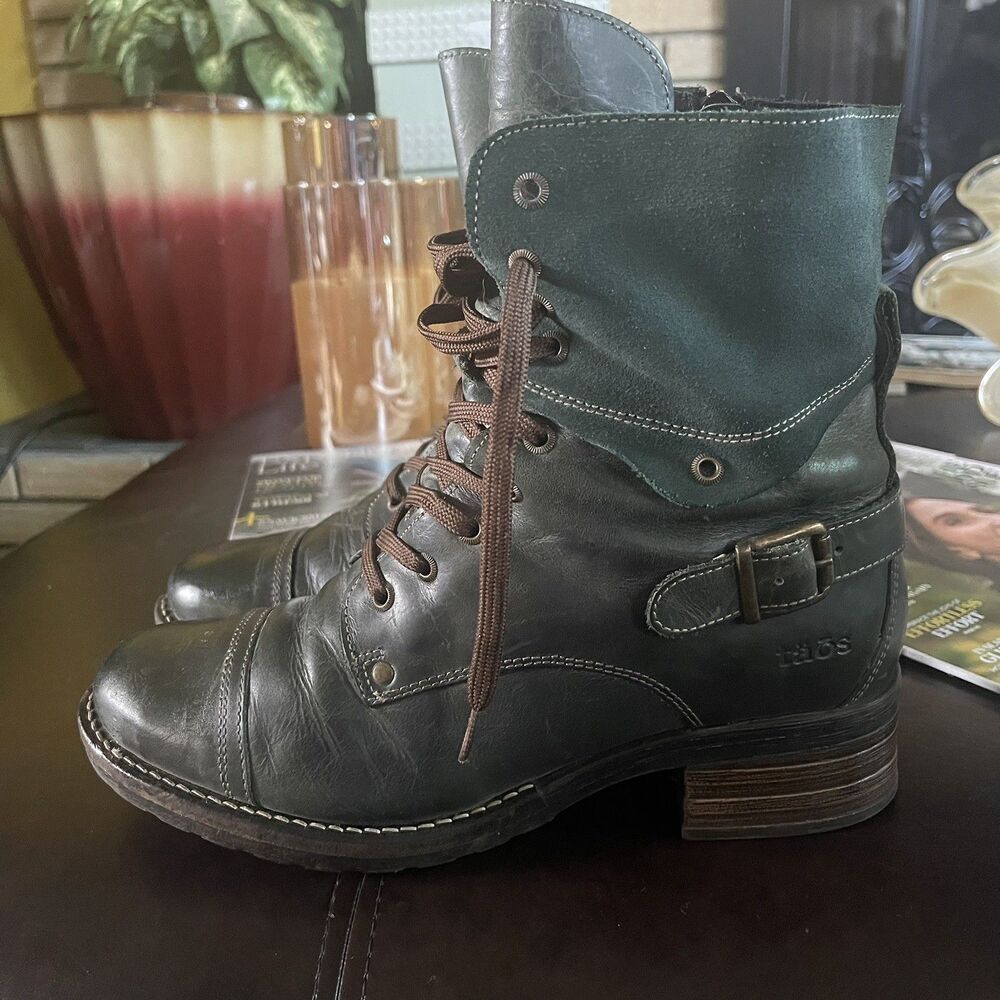 Taos Crave Green Leather Urban Combat Boots Round Toe 41/ US 10-10.5 - Picture 5 of 12